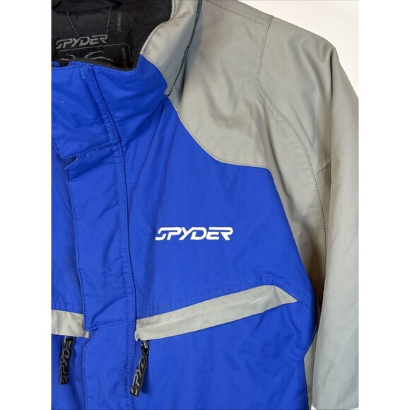 Spyder Leader Men's L Waterproof Ski Snowboard Jacket Blue White Stowaway Hood - Picture 2 of 16
